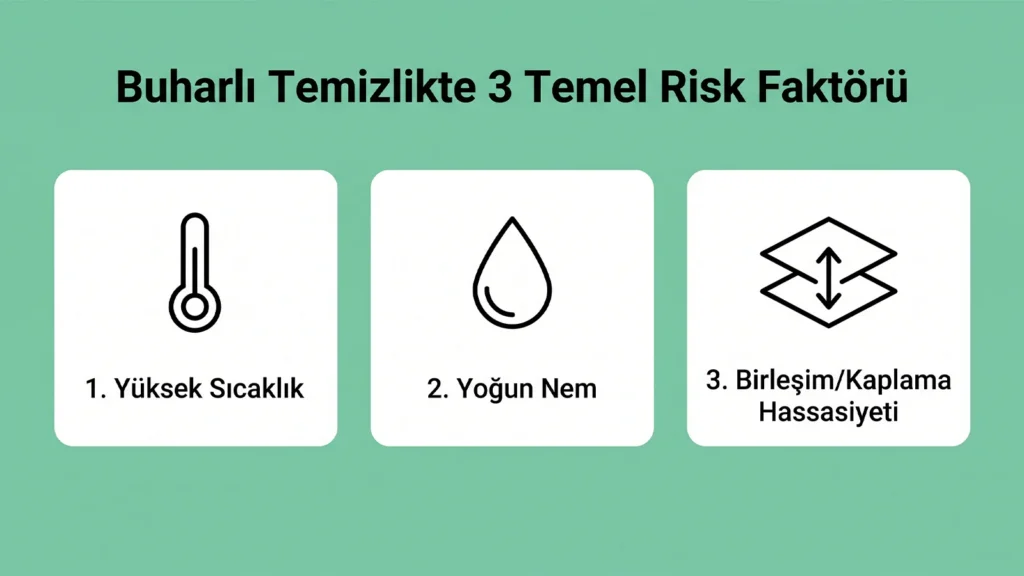 Çınar Temizlik markasının "Buharlı Temizlikte 3 Temel Risk Faktörü" başlıklı bilgilendirici görseli; yüzey hasarlarına yol açabilecek yüksek sıcaklık, yoğun nem ve birleşim/kaplama hassasiyeti ikonlarını içeren infografik.