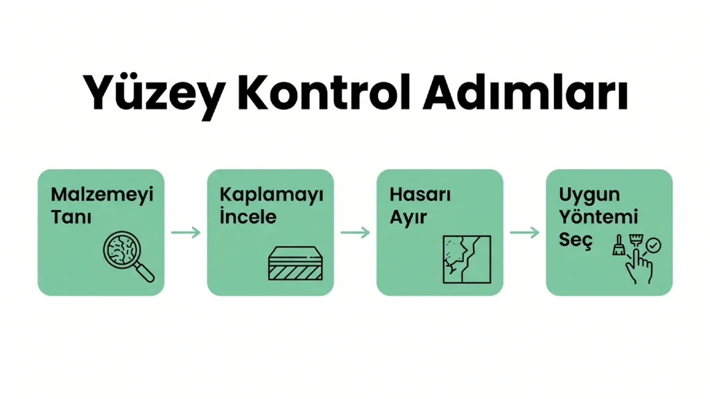 Çınar Temizlik markasına ait "Yüzey Kontrol Adımları" başlıklı infografik; buharlı temizlik öncesi sırasıyla malzemeyi tanıma, kaplamayı inceleme, hasarı ayırma ve uygun yöntemi seçme aşamalarını gösteren şema.
