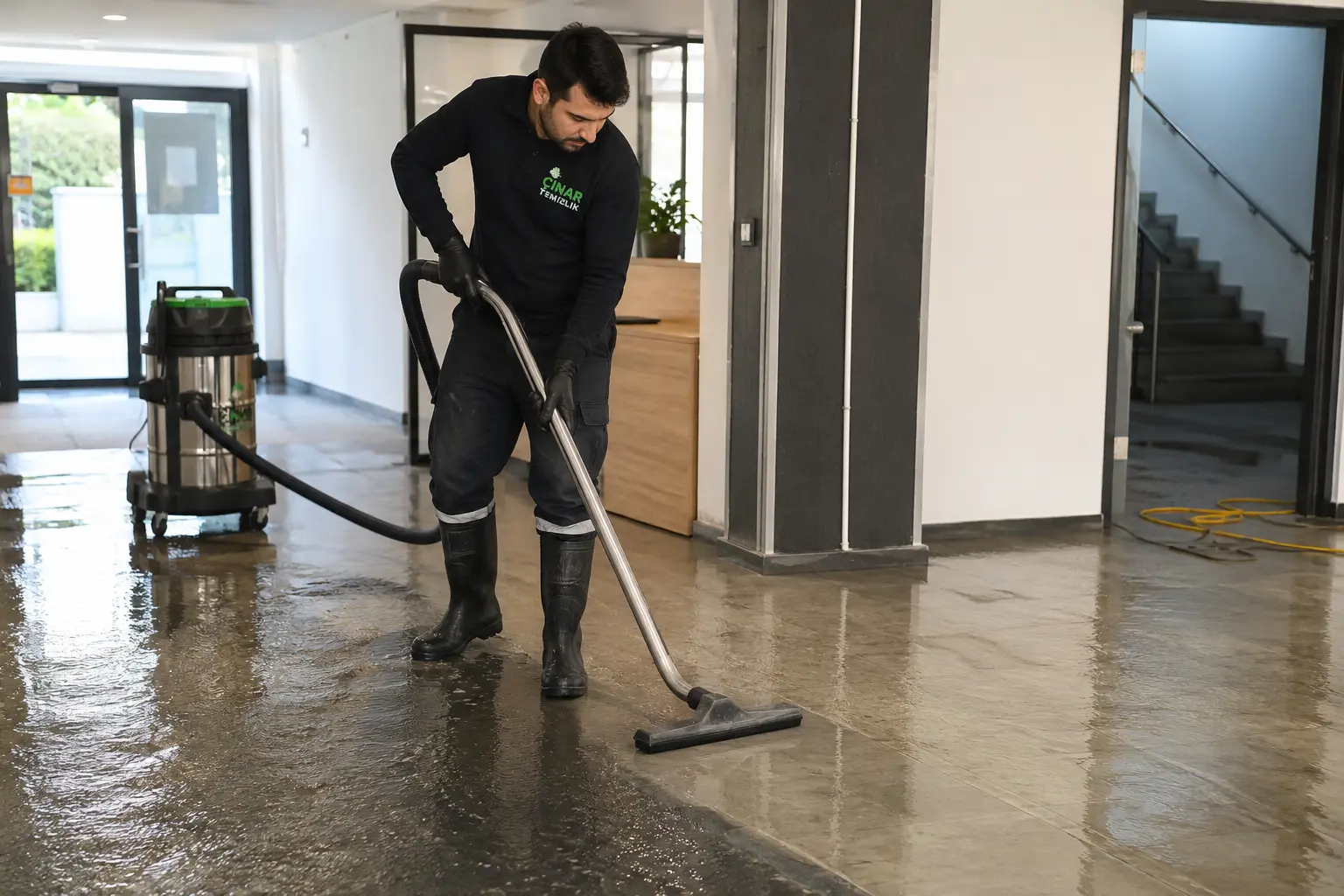 İstanbul’da su baskını sonrası zeminde biriken suyun profesyonel ekipmanla tahliye edilmesi