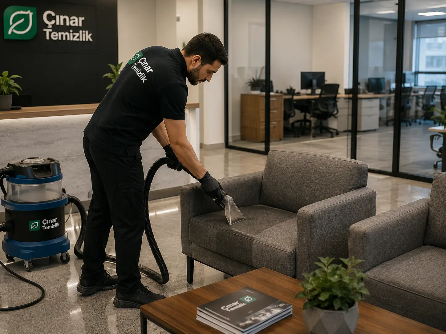 Ofis bekleme alanındaki kumaş koltuğun profesyonel yıkama uygulaması
