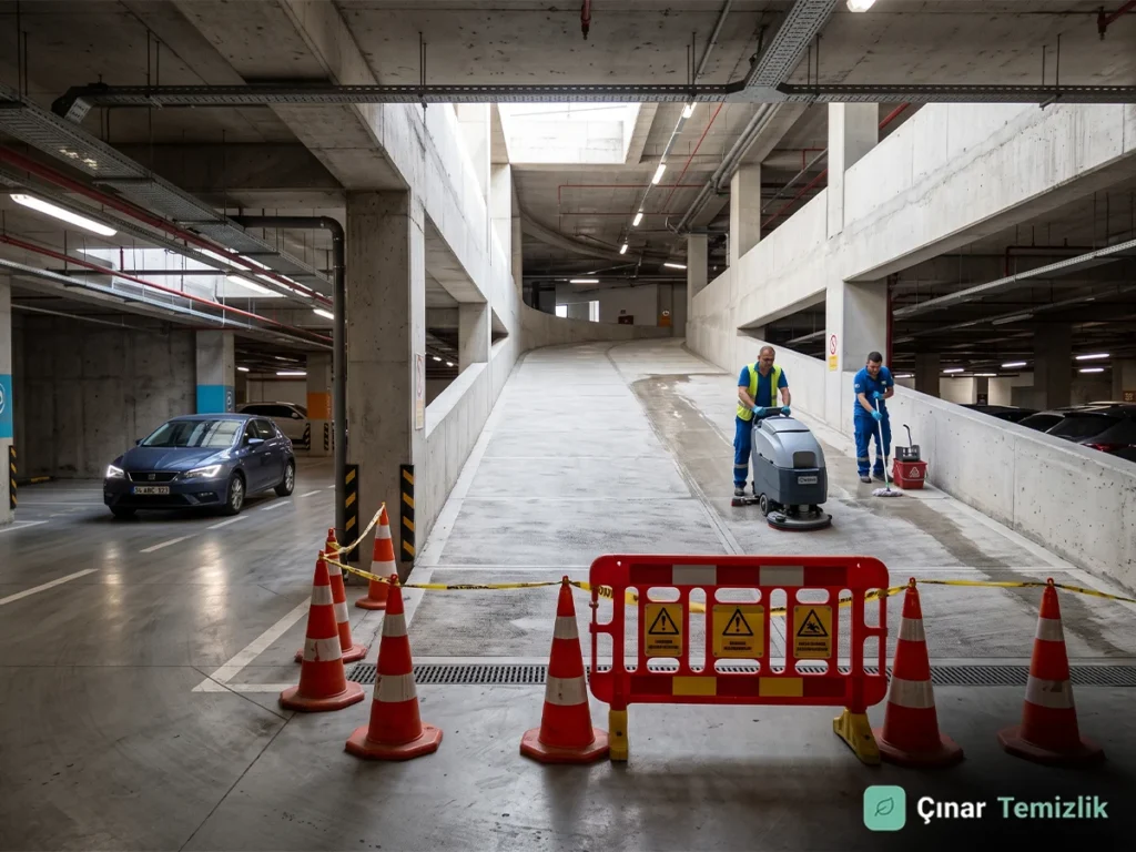 Kapalı otopark rampasının temizlik sırasında bariyerlerle kontrollü olarak kapatılması