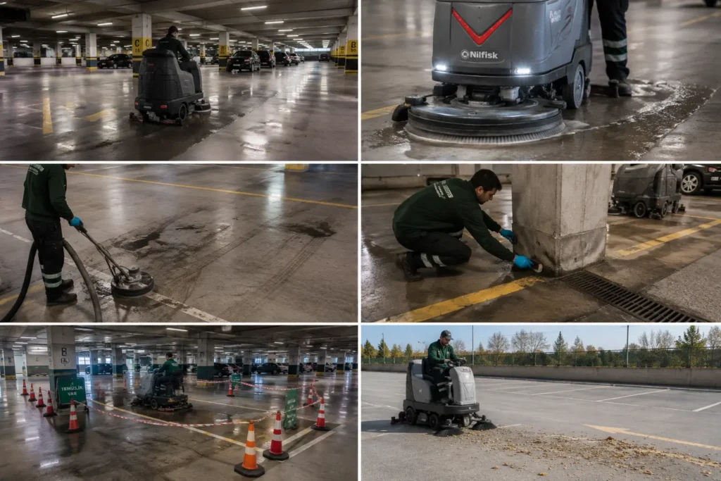 İstanbul'da kapalı otopark zemininin profesyonel zemin yıkama makinesiyle temizlenmesi
