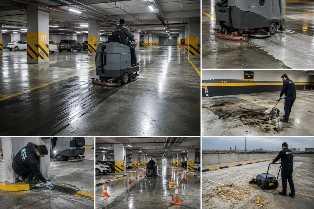 Kapalı otopark zemininde profesyonel zemin yıkama makinesi uygulaması