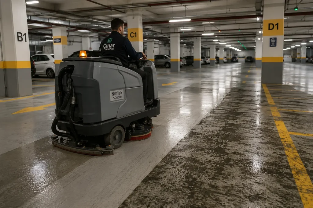 Otopark zeminindeki yağ ve lastik izlerinin profesyonel yöntemle temizlenmesi