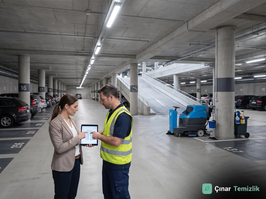 Site yöneticisi ve temizlik ekip sorumlusunun otopark çalışma planını değerlendirmesi