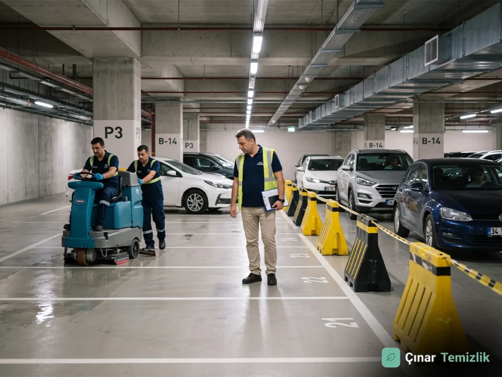 Temizlenen otopark bölümünün araç trafiğine açılmadan önce kontrol edilmesi
