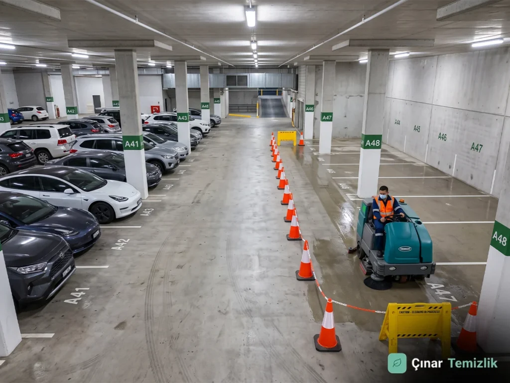 Rezidans otoparkında araçlar tamamen çıkarılmadan bölüm bölüm temizlik yapılması
