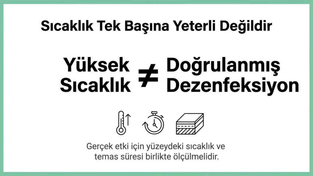 Çınar Temizlik markasının yüksek sıcaklığın tek başına doğrulanmış dezenfeksiyon anlamına gelmediğini anlatan bilgilendirici görseli; gerçek dezenfeksiyon etkisi için yüzey sıcaklığı ve temas süresinin birlikte ölçülmesi gerektiğini vurgulayan infografik.