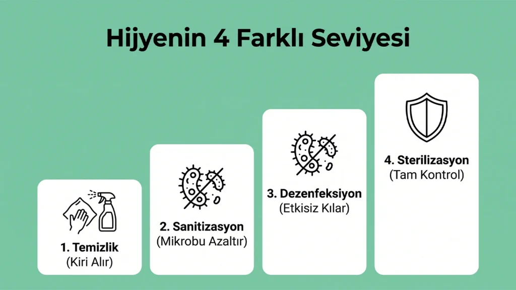 Çınar Temizlik markasına ait "Hijyenin 4 Farklı Seviyesi" infografiği; sırasıyla kiri alan temizlik, mikrobu azaltan sanitizasyon, etkisiz kılan dezenfeksiyon ve tam kontrol sağlayan sterilizasyon aşamalarını gösteren şema.