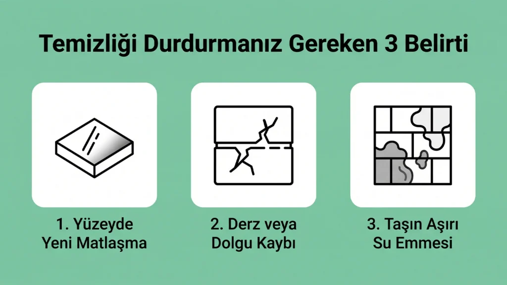 Temizliği Durdurmanız Gereken 3 Belirti" başlıklı Çınar Temizlik infografiği. Görselde sırasıyla '1. Yüzeyde Yeni Matlaşma', '2. Derz veya Dolgu Kaybı' ve '3. Taşın Aşırı Su Emmesi' başlıkları ve bu hasarları temsil eden ikonik çizimler yer alıyor.