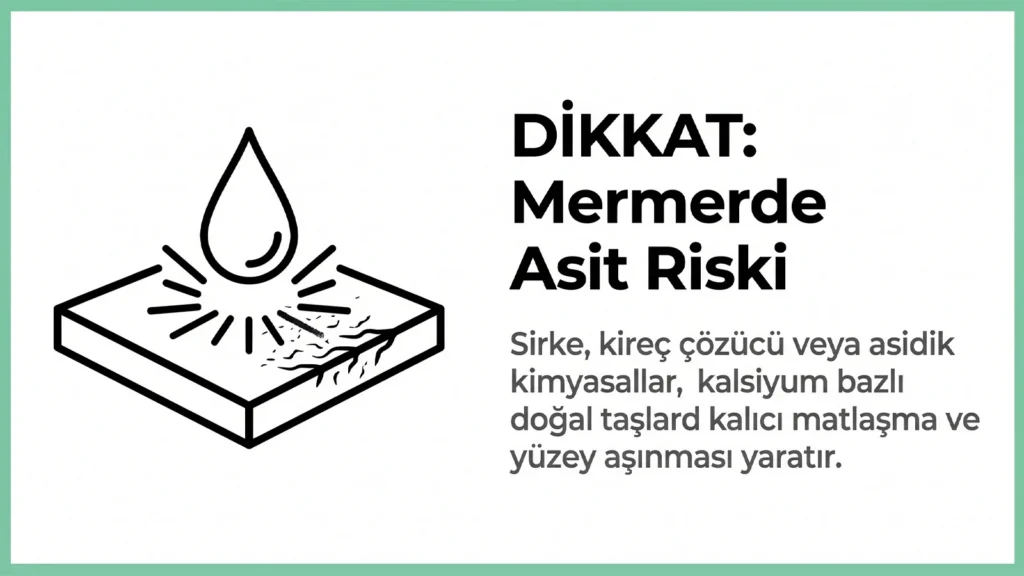 DİKKAT: Mermerde Asit Riski" başlıklı Çınar Temizlik infografiği. Görselde mermer üzerine damlayan bir asit ikonu ve asidik kimyasalların kalsiyum bazlı doğal taşlarda kalıcı matlaşma ve yüzey aşınması yarattığını anlatan bilgilendirme metni bulunuyor.