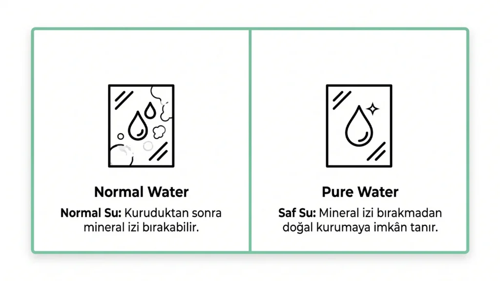 Çınar Temizlik cam temizliğinde normal su ve saf su kuruma karşılaştırması; normal suyun yüzeyde mineral izi bıraktığını, saf suyun ise lekesiz ve doğal kuruma sağladığını gösteren bilgilendirici görsel.