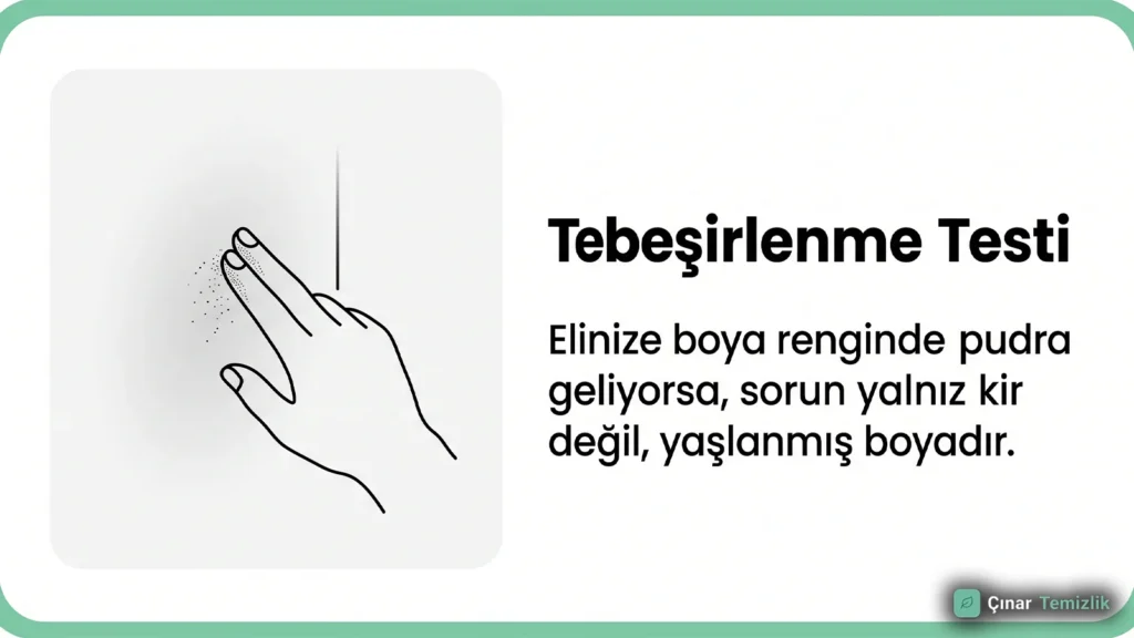 Çınar Temizlik'in "Tebeşirlenme Testi" infografiği. Duvara sürtülen bir el çiziminin hemen yanında "Elinize boya renginde pudra geliyorsa, sorun yalnız kir değil, yaşlanmış boyadır." bilgilendirme metni bulunuyor.