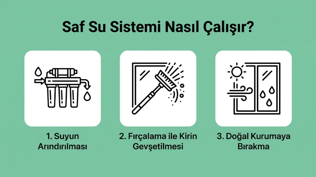 Çınar Temizlik saf su sistemi çalışma adımları infografiği; suyun arındırılması, fırçayla kirin gevşetilmesi ve lekesiz doğal kurumaya bırakma aşamalarını gösteren dış cephe temizlik şeması.
