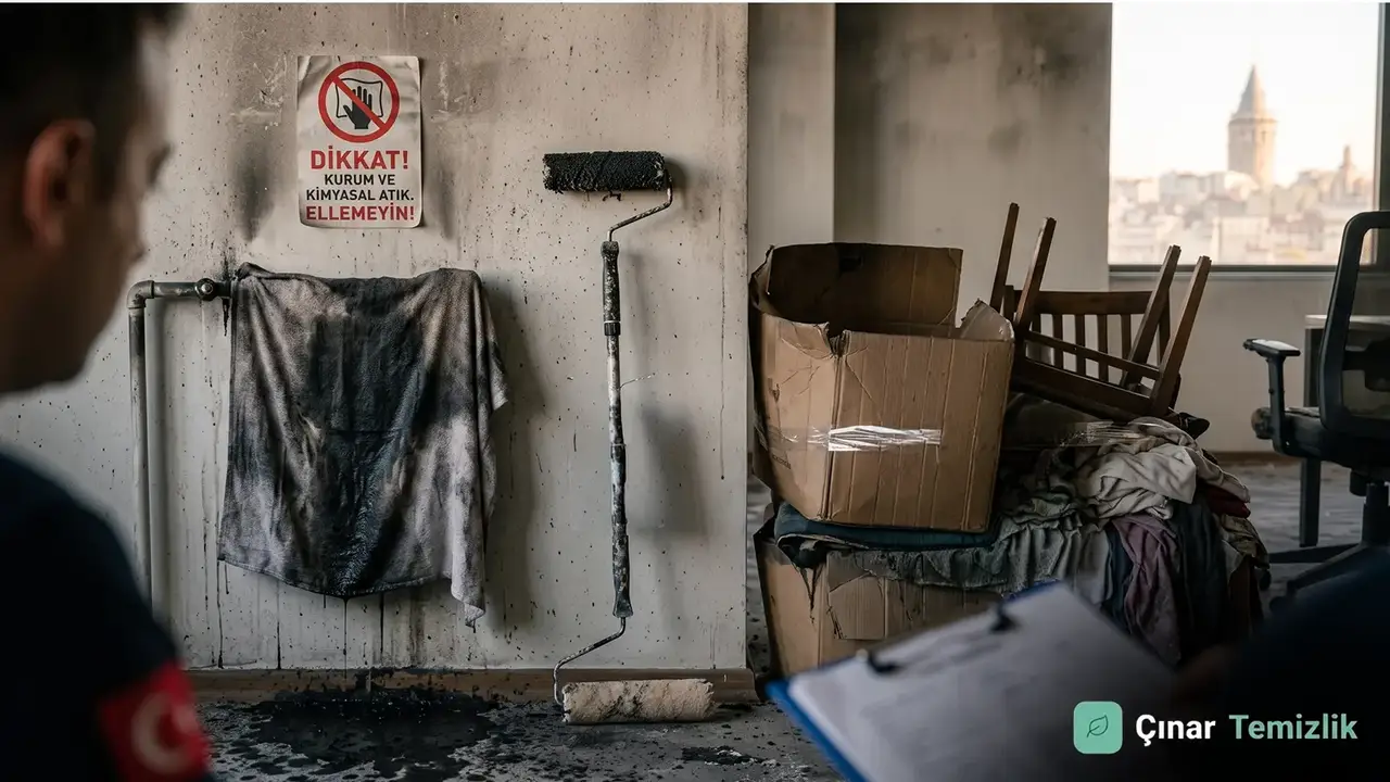 Yangın sonrası is ve kurum temizliği yapılan iç mekânda profesyonel uygulama