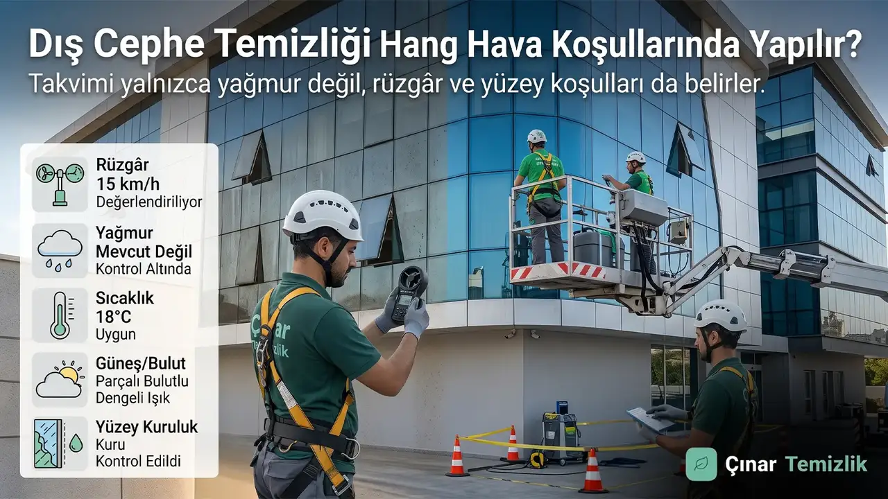 Dış cephe temizliği öncesinde rüzgâr, yağış, sıcaklık ve yüzey kuruluğunu kontrol eden ekip