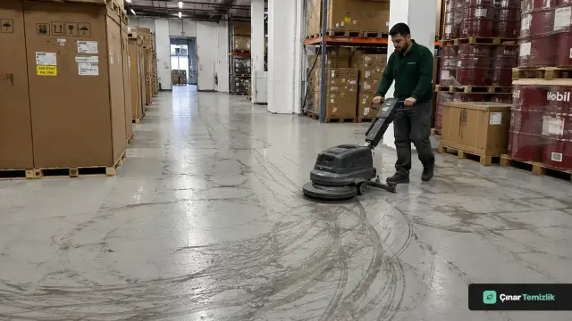 Epoksi depo zeminindeki forklift ve yoğun kullanım izlerinin zemin yıkama makinesiyle temizlenmesi