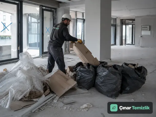 İnşaat sonrası kaba temizlikte ambalaj ve yapı kalıntılarının toplanması