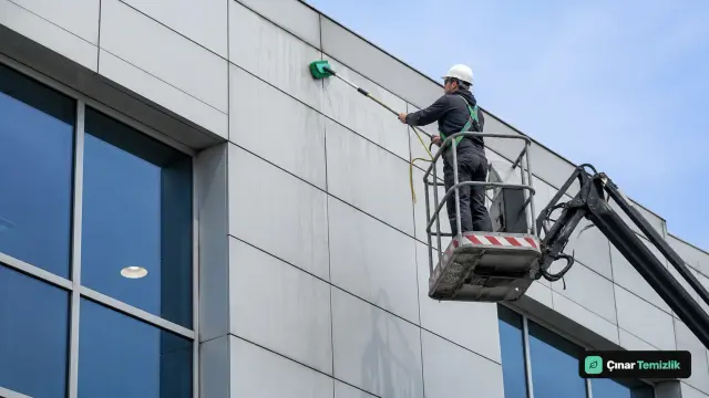 Sepetli platformdan yumuşak fırçayla temizlenen alüminyum kompozit bina cephesi