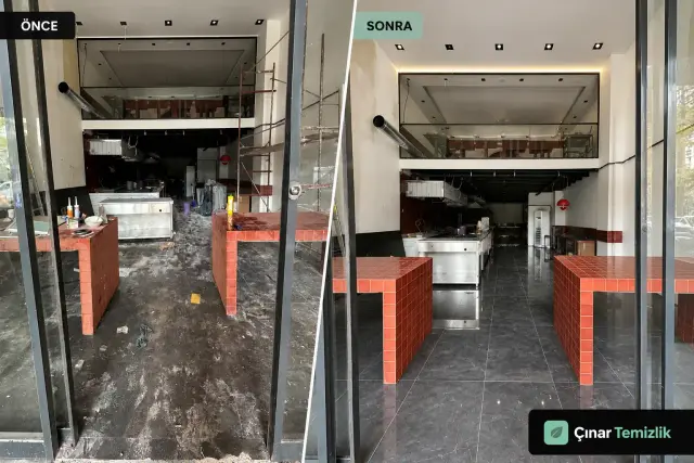 Ticari alanın inşaat sonrası temizlik öncesi ve sonrası görünümü