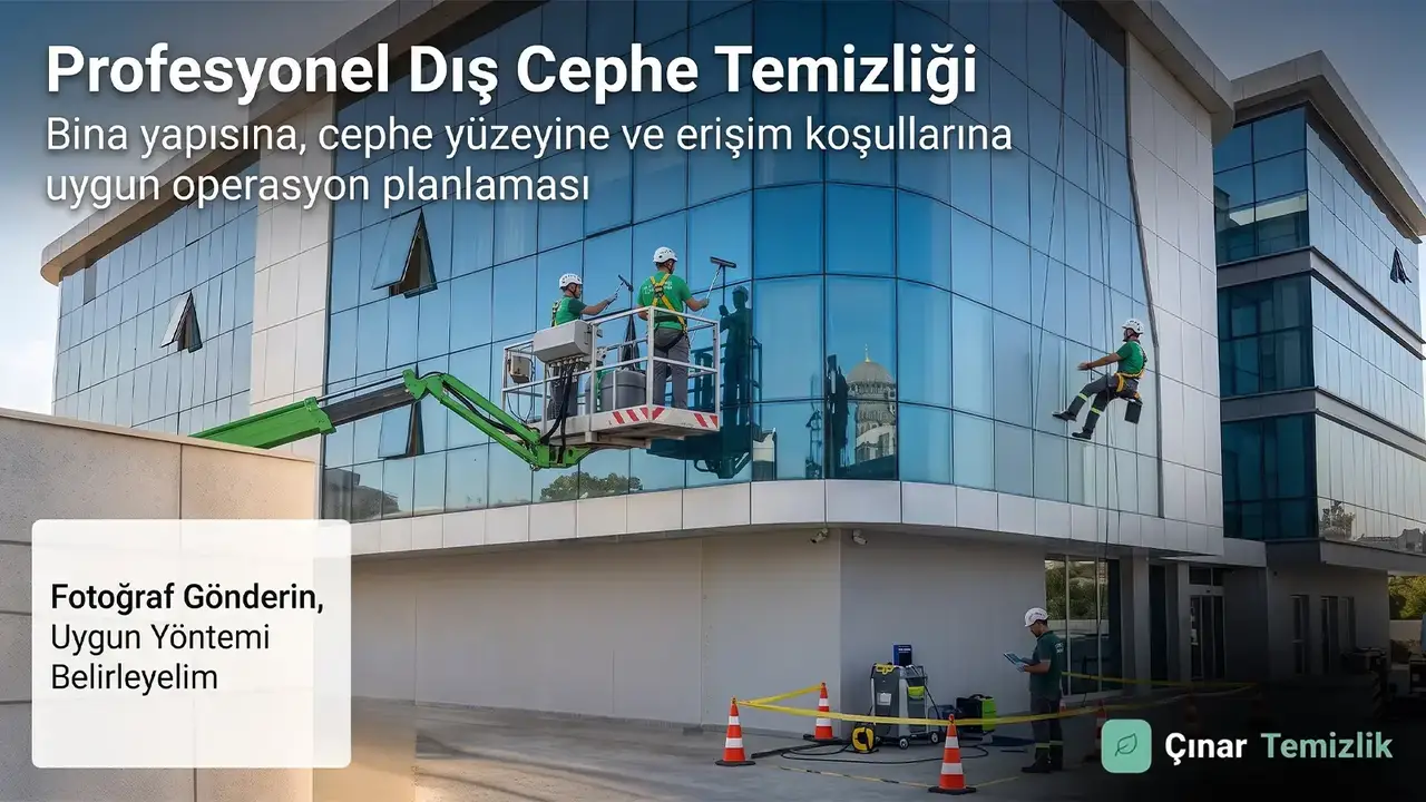 Cam cephede sepetli platform ve iple erişim yöntemleriyle profesyonel dış cephe temizliği uygulaması