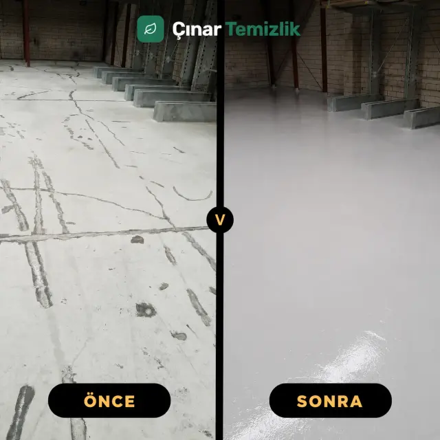 Hasarlı endüstriyel zeminin teknik yüzey uygulaması öncesi ve sonrası görünümü